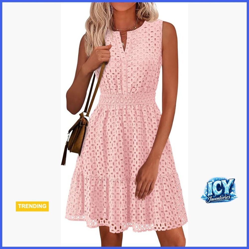 Sleeveless V-Neck Eyelet Hollow Out Swing A-Line Summer Dress